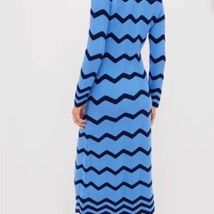 Chevron Knit Long-Sleeve Maxi Dress in Sky Blue and Navy